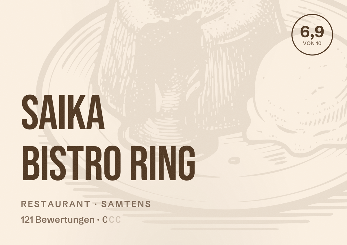 Illustriertes Poster von Saika Bistro Ring, Restaurant in Samtens: Bewertung 6,9 von 10 aus 121 Bewertungen, Preisniveau €