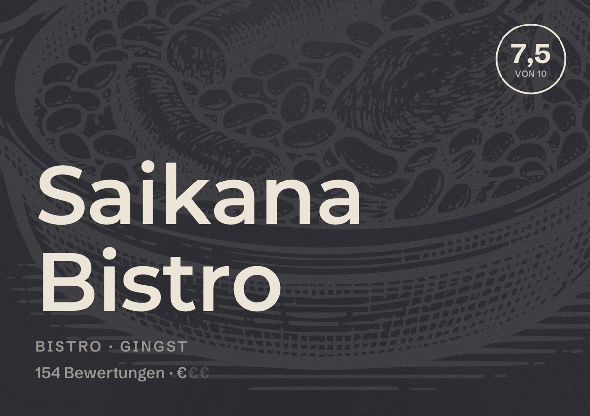 Illustriertes Poster von Saikana Bistro, Bistro in Gingst: Bewertung 7,5 von 10 aus 154 Bewertungen, Preisniveau €