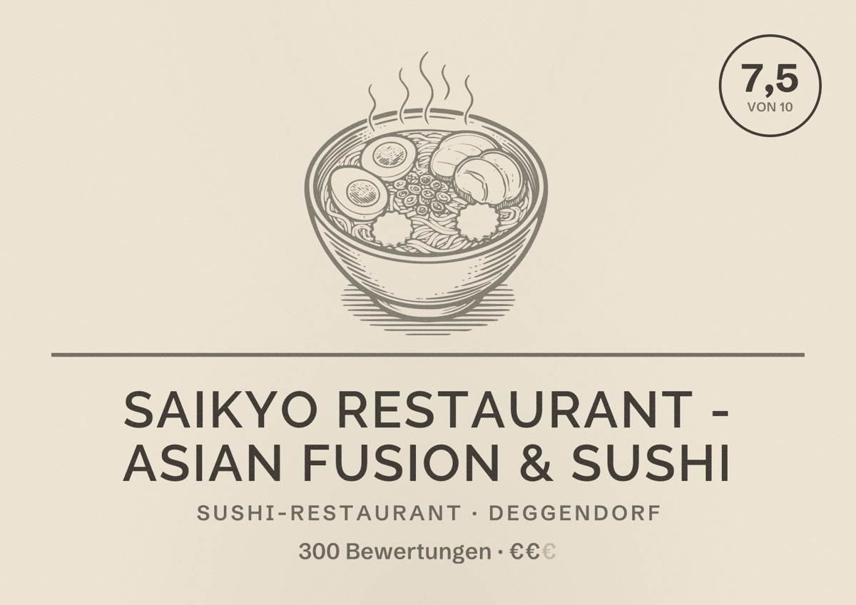 Illustriertes Poster von SAIKYO Restaurant - Asian Fusion & Sushi, Sushi-Restaurant in Deggendorf: Bewertung 7,5 von 10 aus 300 Bewertungen, Preisniveau €€