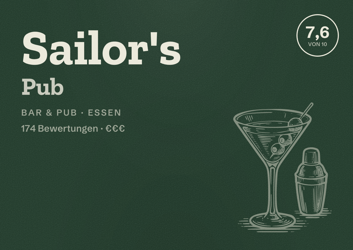 Illustriertes Poster von Sailor's Pub, Bar & Pub in Essen: Bewertung 7,6 von 10 aus 174 Bewertungen, Preisniveau €€€