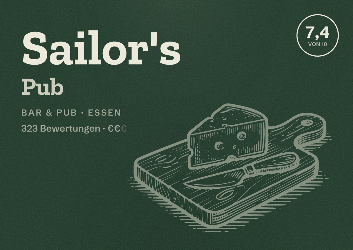 Illustriertes Poster von Sailor's Pub, Bar & Pub in Essen: Bewertung 7,4 von 10 aus 323 Bewertungen, Preisniveau €€