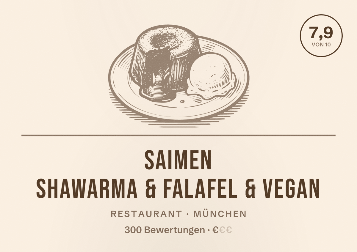 Illustriertes Poster von Saimen Shawarma & Falafel & Vegan, Restaurant in München: Bewertung 7,9 von 10 aus 300 Bewertungen, Preisniveau €