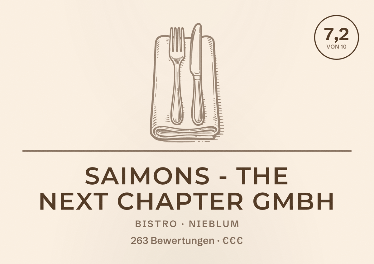 Illustriertes Poster von Saimons - the next chapter GmbH, Bistro in Nieblum: Bewertung 7,2 von 10 aus 263 Bewertungen, Preisniveau €€€