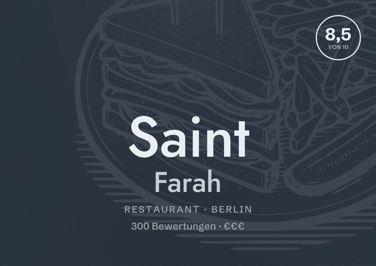 Illustriertes Poster von Saint Farah, Restaurant in Berlin: Bewertung 8,5 von 10 aus 300 Bewertungen, Preisniveau €€€
