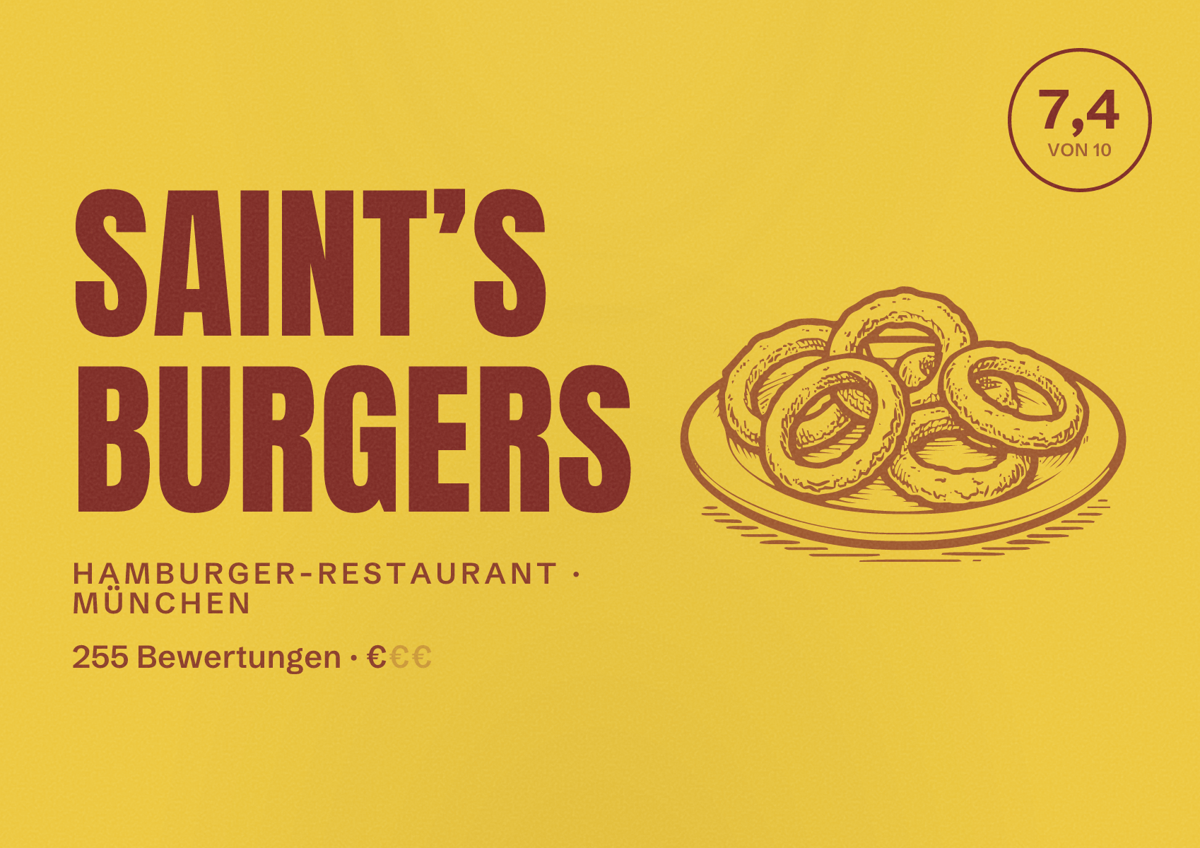 Illustriertes Poster von Saint’s Burgers, Hamburger-Restaurant in München: Bewertung 7,4 von 10 aus 255 Bewertungen, Preisniveau €