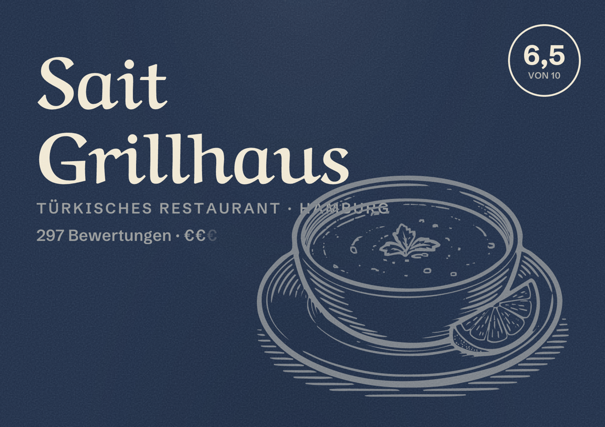 Illustriertes Poster von Sait Grillhaus, Türkisches Restaurant in Hamburg: Bewertung 6,5 von 10 aus 297 Bewertungen, Preisniveau €€
