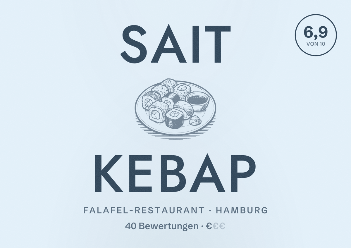 Illustriertes Poster von SAIT KEBAP, Falafel-Restaurant in Hamburg: Bewertung 6,9 von 10 aus 40 Bewertungen, Preisniveau €