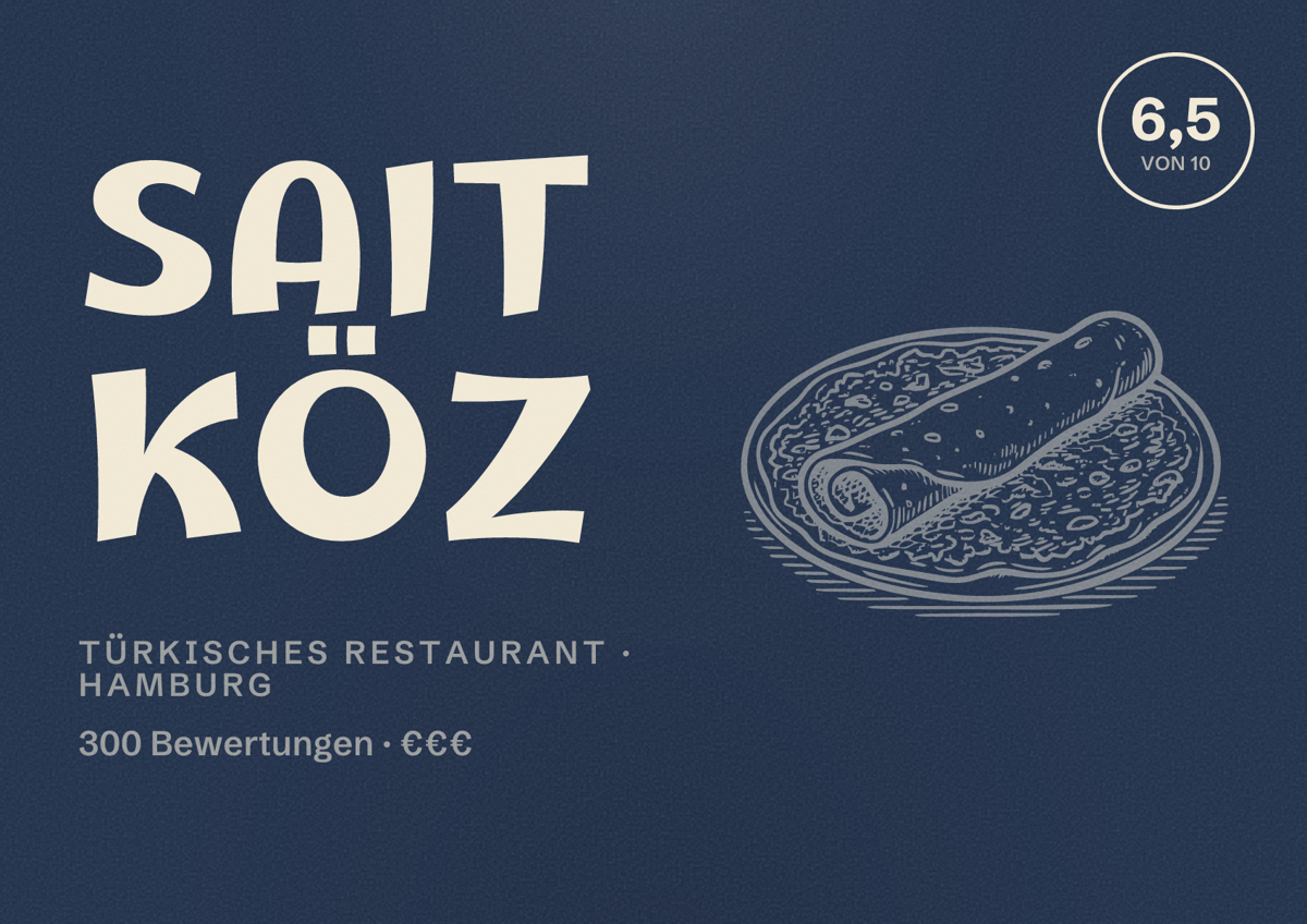 Illustriertes Poster von Sait Köz, Türkisches Restaurant in Hamburg: Bewertung 6,5 von 10 aus 300 Bewertungen, Preisniveau €€€