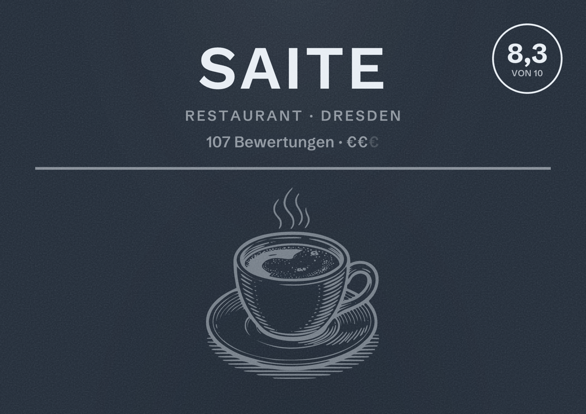 Illustriertes Poster von Saite, Restaurant in Dresden: Bewertung 8,3 von 10 aus 107 Bewertungen, Preisniveau €€