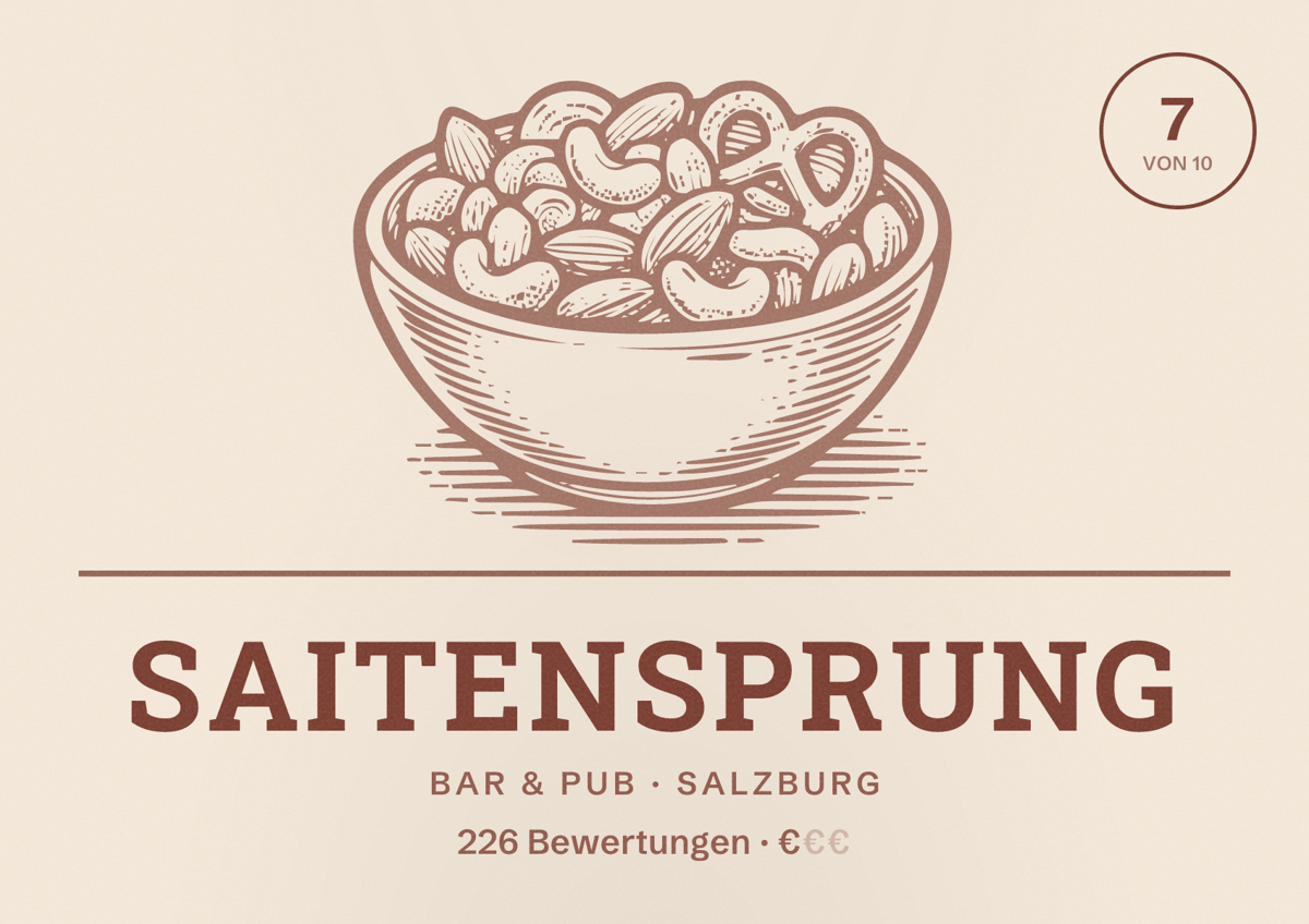 Illustriertes Poster von Saitensprung, Bar & Pub in Salzburg: Bewertung 7 von 10 aus 226 Bewertungen, Preisniveau €