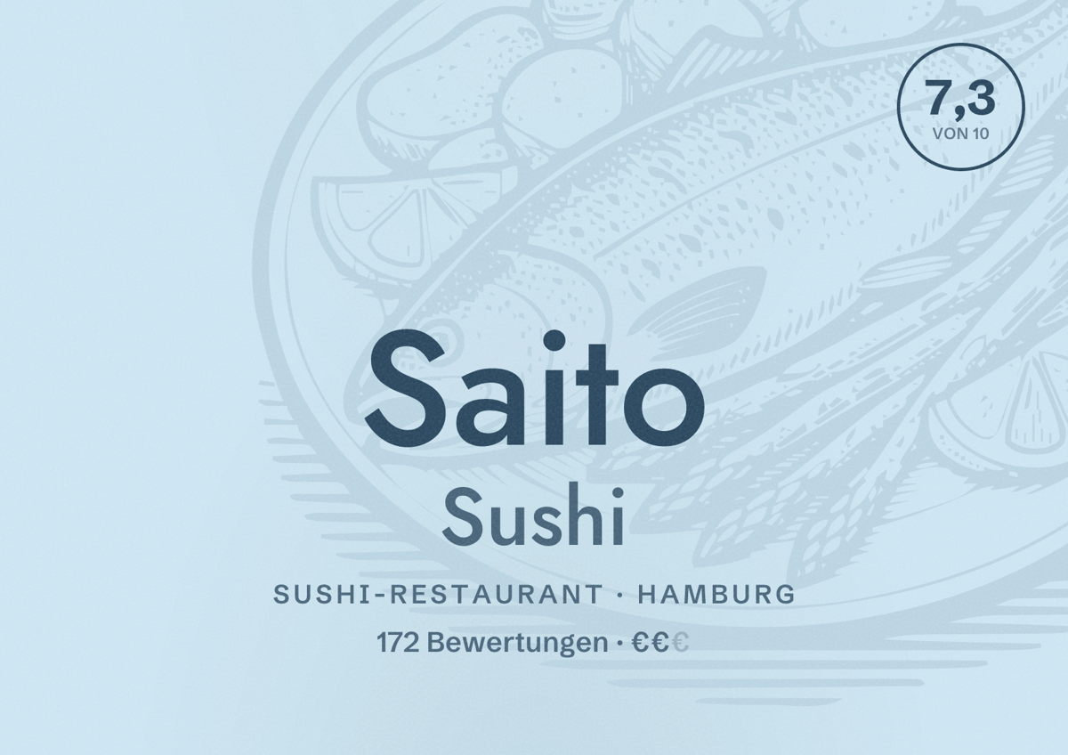 Illustriertes Poster von Saito Sushi, Sushi-Restaurant in Hamburg: Bewertung 7,3 von 10 aus 172 Bewertungen, Preisniveau €€