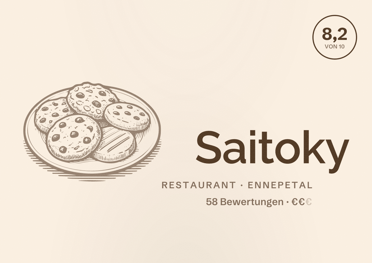 Illustriertes Poster von Saitoky, Restaurant in Ennepetal: Bewertung 8,2 von 10 aus 58 Bewertungen, Preisniveau €€