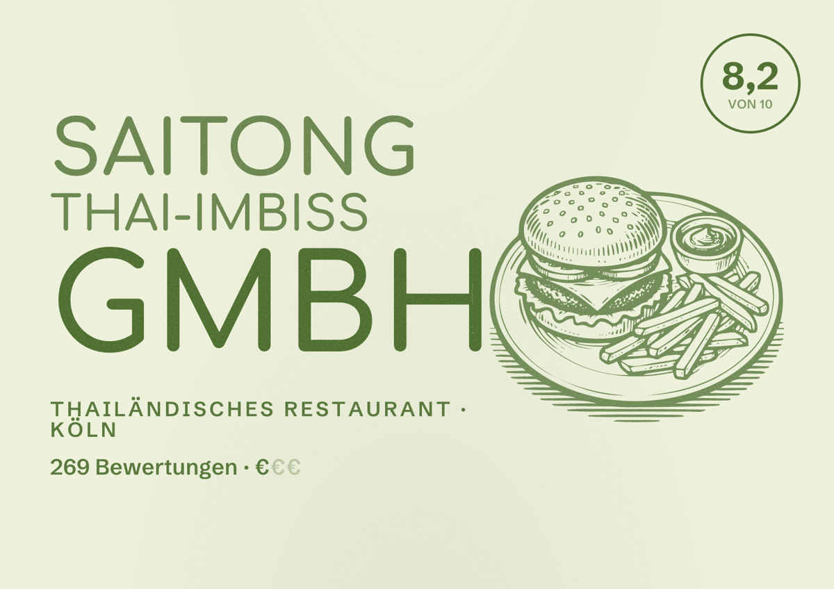 Illustriertes Poster von Saitong Thai-Imbiss GmbH, Thailändisches Restaurant in Köln: Bewertung 8,2 von 10 aus 269 Bewertungen, Preisniveau €