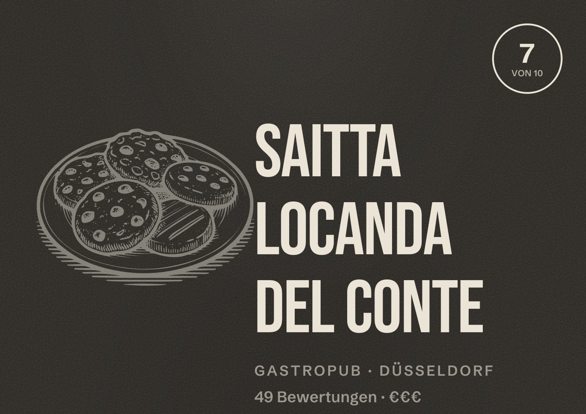 Illustriertes Poster von Saitta Locanda del Conte, Gastropub in Düsseldorf: Bewertung 7 von 10 aus 49 Bewertungen, Preisniveau €€€