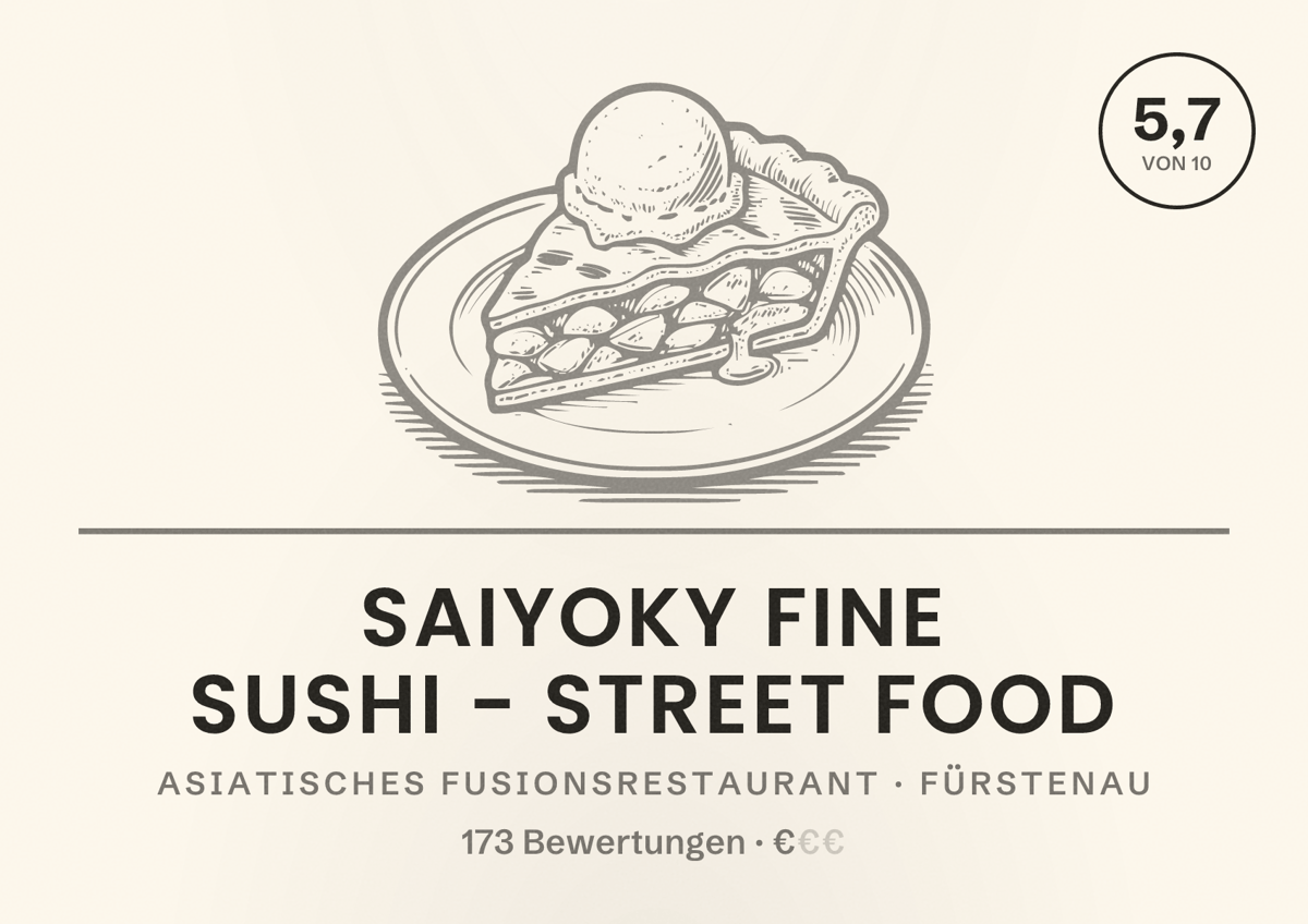 Illustriertes Poster von SAIYOKY Fine Sushi - Street Food, Asiatisches Fusionsrestaurant in Fürstenau: Bewertung 5,7 von 10 aus 173 Bewertungen, Preisniveau €