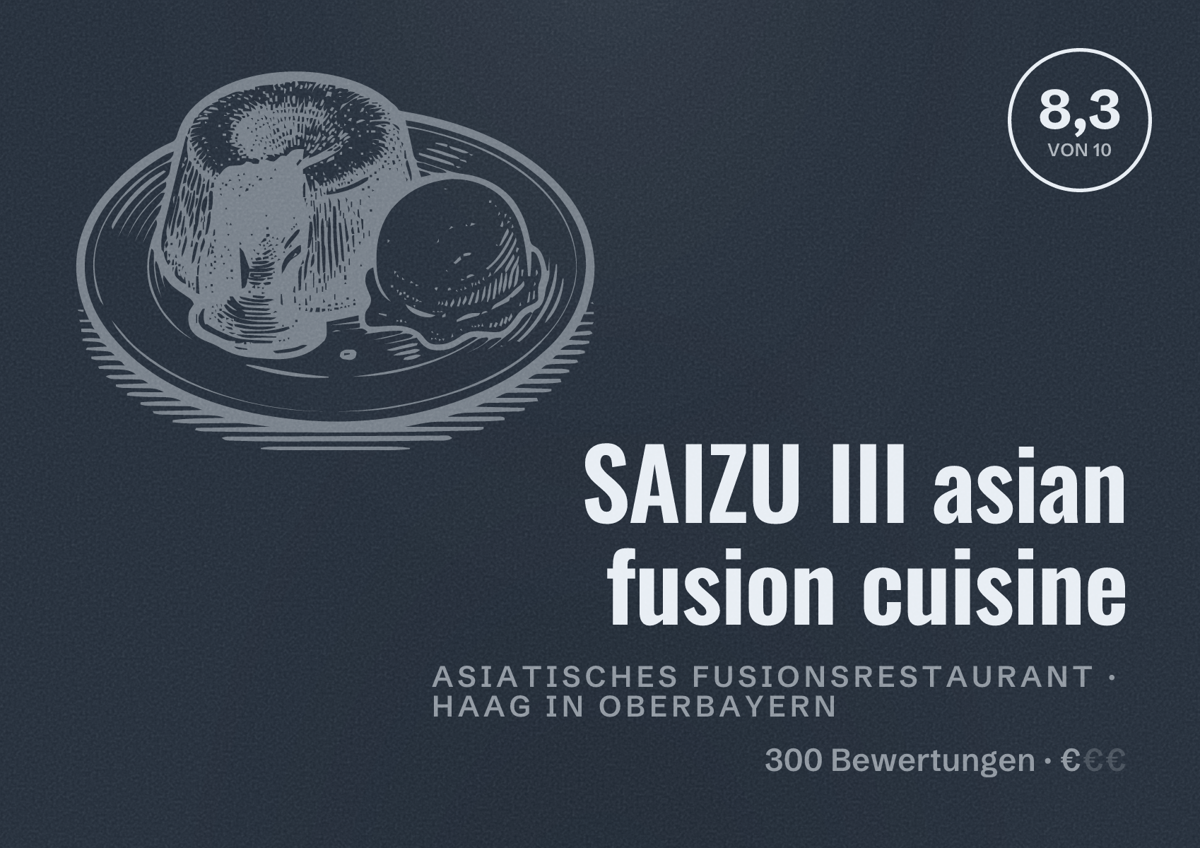 Illustriertes Poster von SAIZU III asian fusion cuisine, Asiatisches Fusionsrestaurant in Haag in Oberbayern: Bewertung 8,3 von 10 aus 300 Bewertungen, Preisniveau €