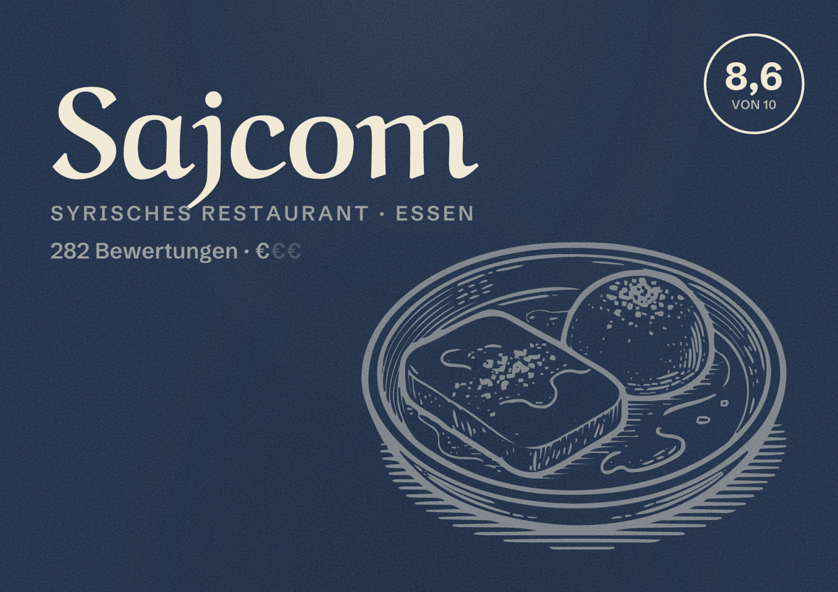 Illustriertes Poster von Sajcom, Syrisches Restaurant in Essen: Bewertung 8,6 von 10 aus 282 Bewertungen, Preisniveau €