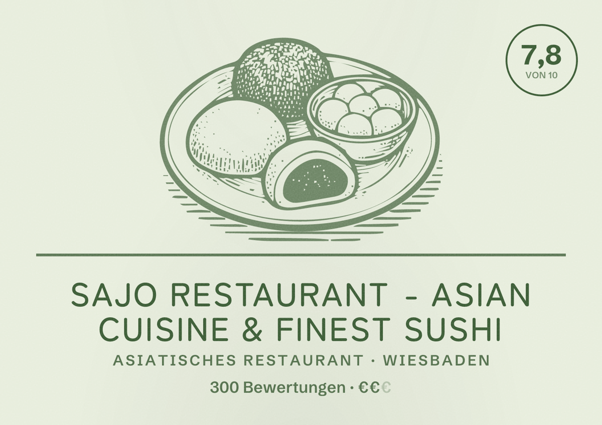 Illustriertes Poster von Sajo Restaurant - Asian Cuisine & Finest Sushi, Asiatisches Restaurant in Wiesbaden: Bewertung 7,8 von 10 aus 300 Bewertungen, Preisniveau €€