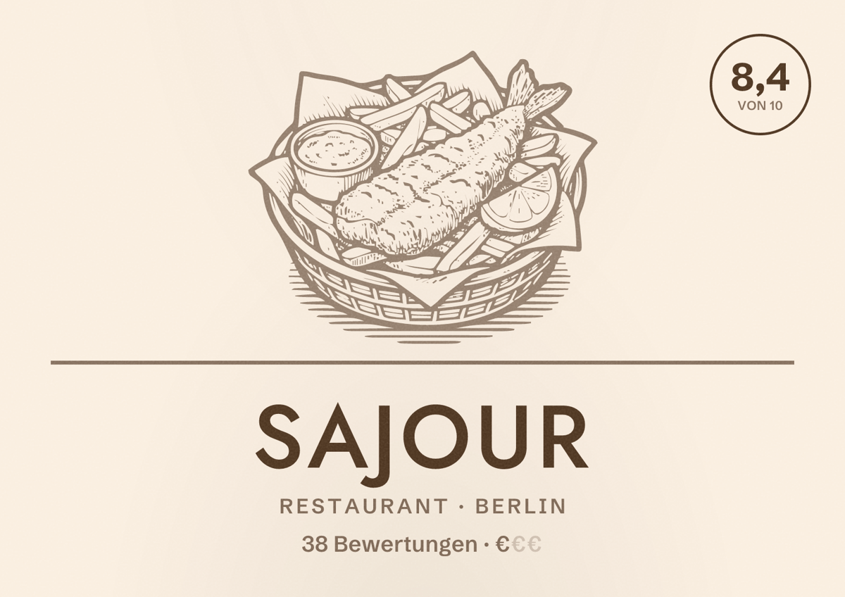 Illustriertes Poster von Sajour, Restaurant in Berlin: Bewertung 8,4 von 10 aus 38 Bewertungen, Preisniveau €
