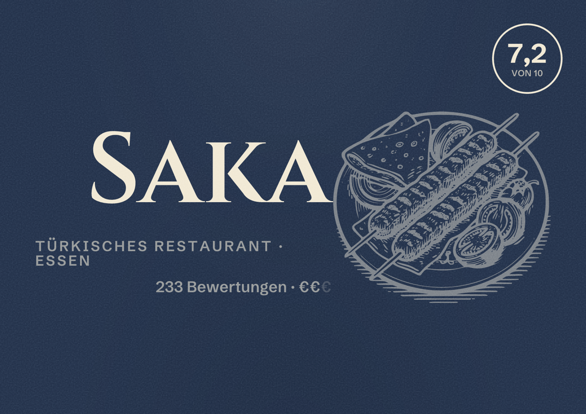 Illustriertes Poster von Saka, Türkisches Restaurant in Essen: Bewertung 7,2 von 10 aus 233 Bewertungen, Preisniveau €€