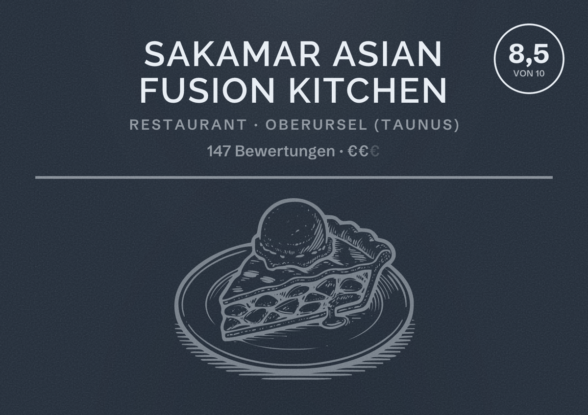 Illustriertes Poster von SAKAMAR Asian Fusion Kitchen, Restaurant in Oberursel (Taunus): Bewertung 8,5 von 10 aus 147 Bewertungen, Preisniveau €€