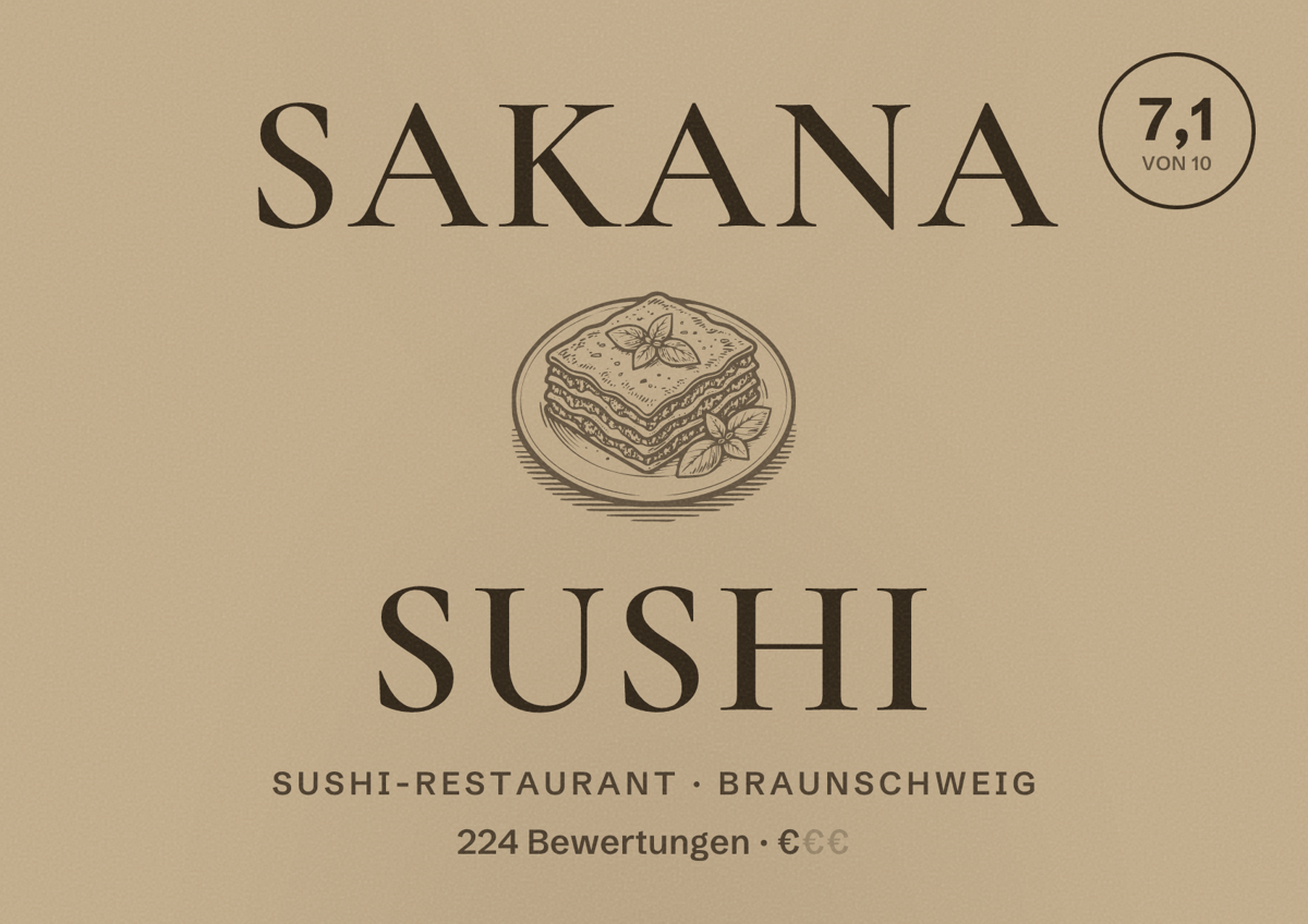 Illustriertes Poster von Sakana Sushi, Sushi-Restaurant in Braunschweig: Bewertung 7,1 von 10 aus 224 Bewertungen, Preisniveau €