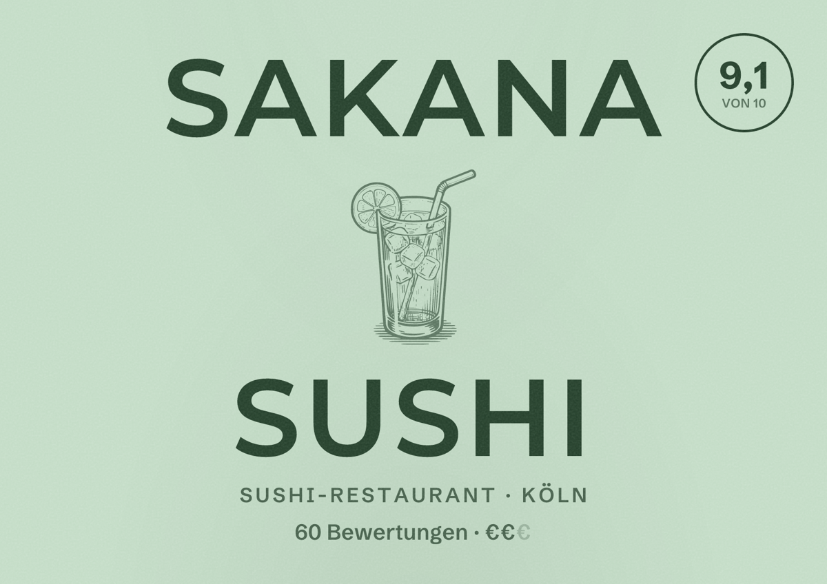 Illustriertes Poster von Sakana Sushi, Sushi-Restaurant in Köln: Bewertung 9,1 von 10 aus 60 Bewertungen, Preisniveau €€
