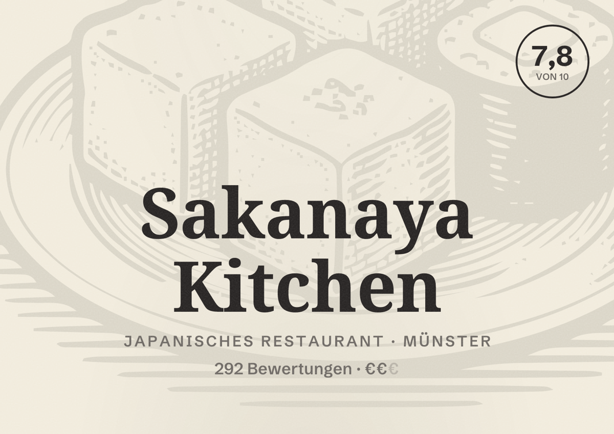 Illustriertes Poster von Sakanaya Kitchen, Japanisches Restaurant in Münster: Bewertung 7,8 von 10 aus 292 Bewertungen, Preisniveau €€