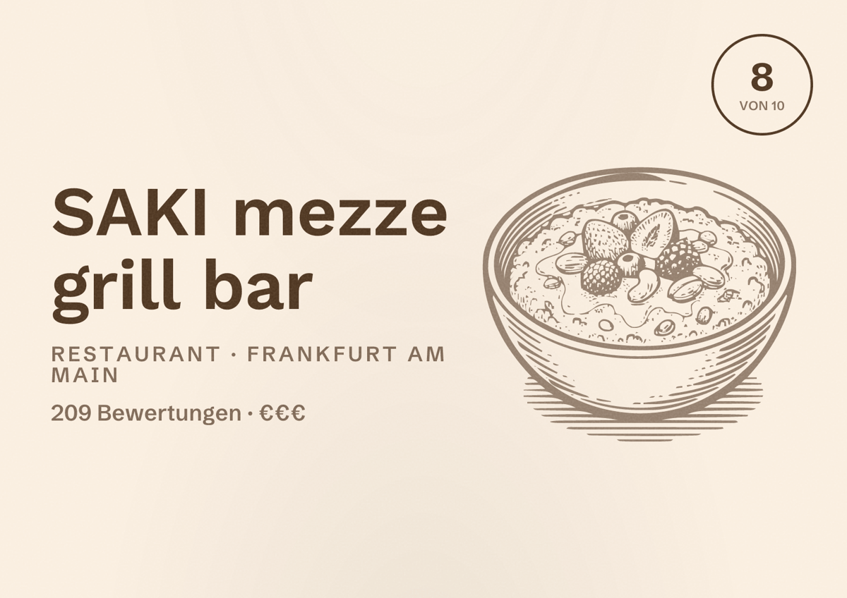 Illustriertes Poster von SAKI mezze grill bar, Restaurant in Frankfurt am Main: Bewertung 8,0 von 10 aus 209 Bewertungen, Preisniveau €€€