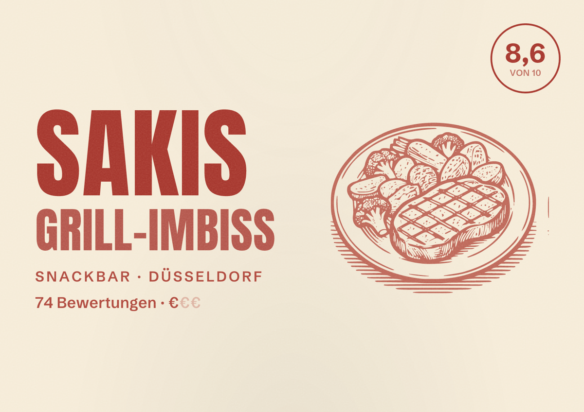Illustriertes Poster von Sakis Grill-Imbiss, Snackbar in Düsseldorf: Bewertung 8,6 von 10 aus 74 Bewertungen, Preisniveau €