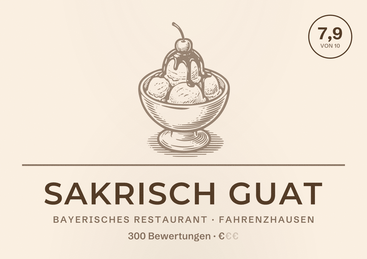 Illustriertes Poster von Sakrisch Guat, Bayerisches Restaurant in Fahrenzhausen: Bewertung 7,9 von 10 aus 300 Bewertungen, Preisniveau €