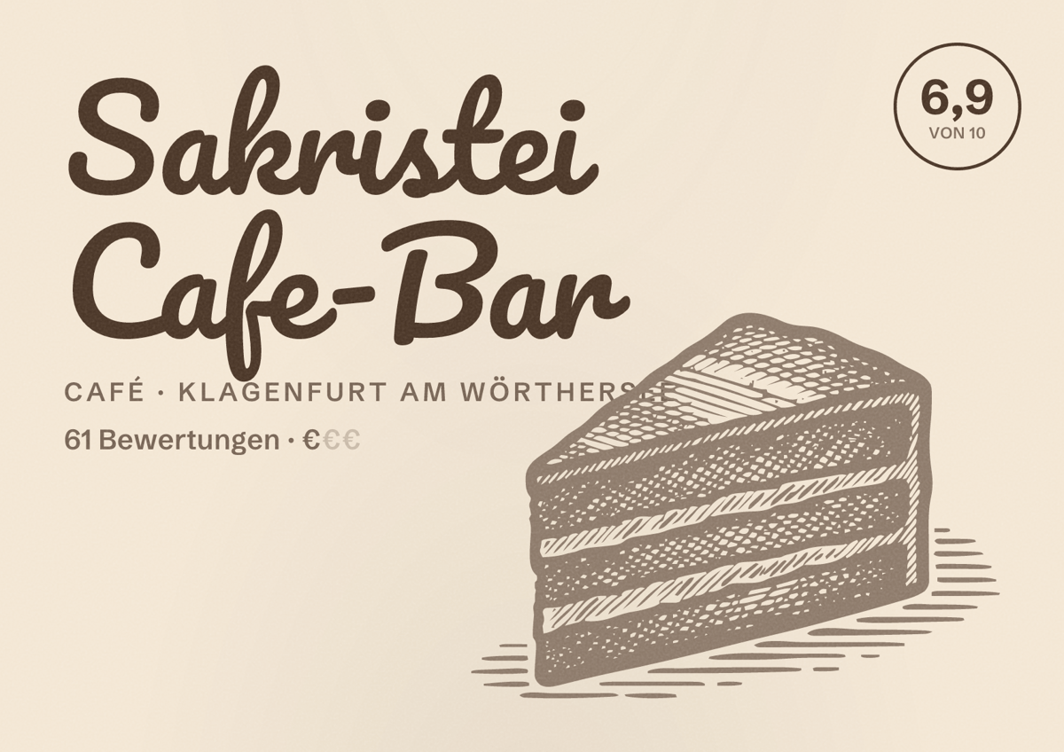 Illustriertes Poster von Sakristei Cafe-Bar, Café in Klagenfurt am Wörthersee: Bewertung 6,9 von 10 aus 61 Bewertungen, Preisniveau €