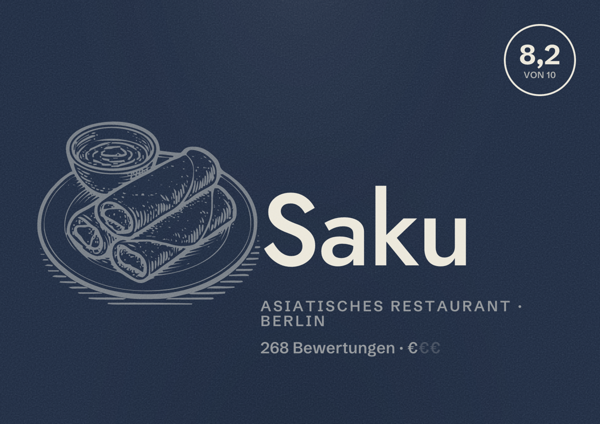 Illustriertes Poster von Saku, Asiatisches Restaurant in Berlin: Bewertung 8,2 von 10 aus 268 Bewertungen, Preisniveau €