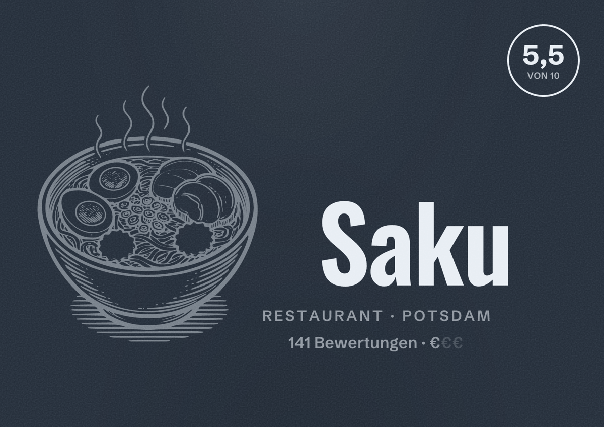 Illustriertes Poster von Saku, Restaurant in Potsdam: Bewertung 5,5 von 10 aus 141 Bewertungen, Preisniveau €