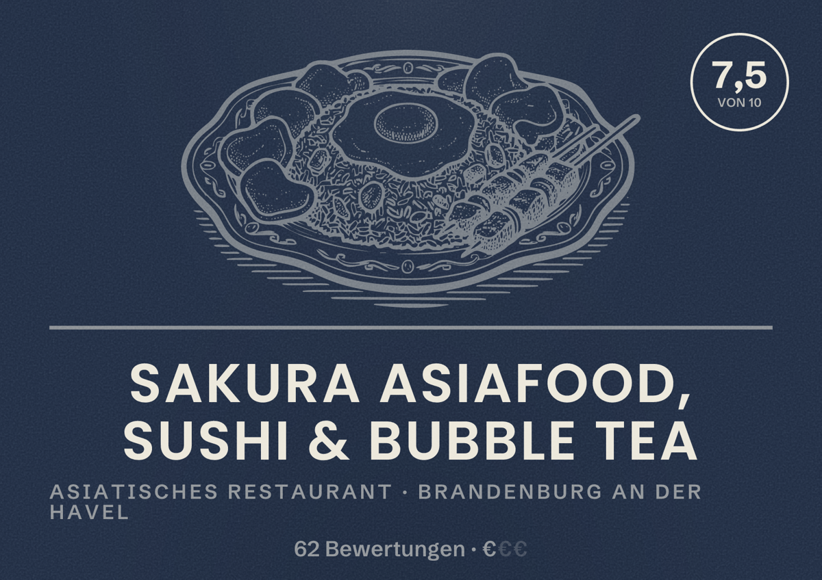 Illustriertes Poster von Sakura Asiafood, Sushi & Bubble Tea, Asiatisches Restaurant in Brandenburg an der Havel: Bewertung 7,5 von 10 aus 62 Bewertungen, Preisniveau €