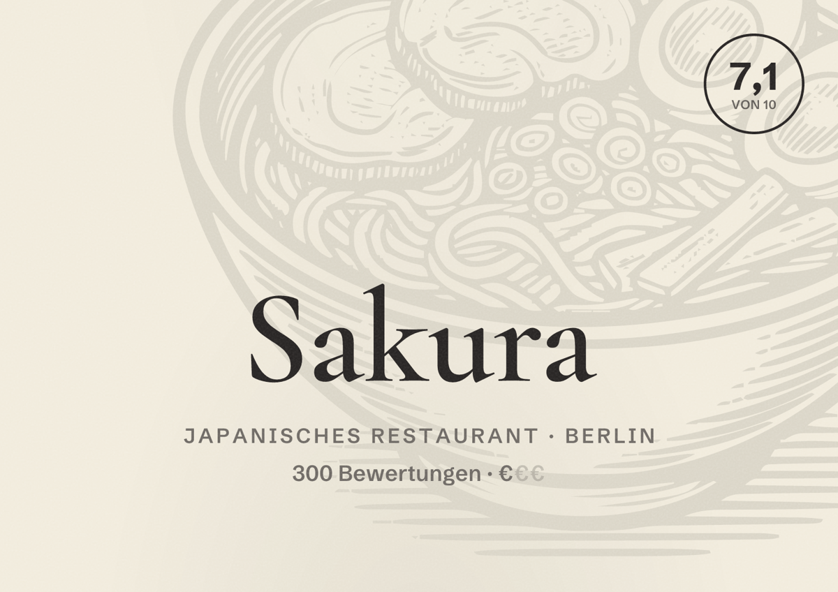 Illustriertes Poster von Sakura, Japanisches Restaurant in Berlin: Bewertung 7,1 von 10 aus 300 Bewertungen, Preisniveau €