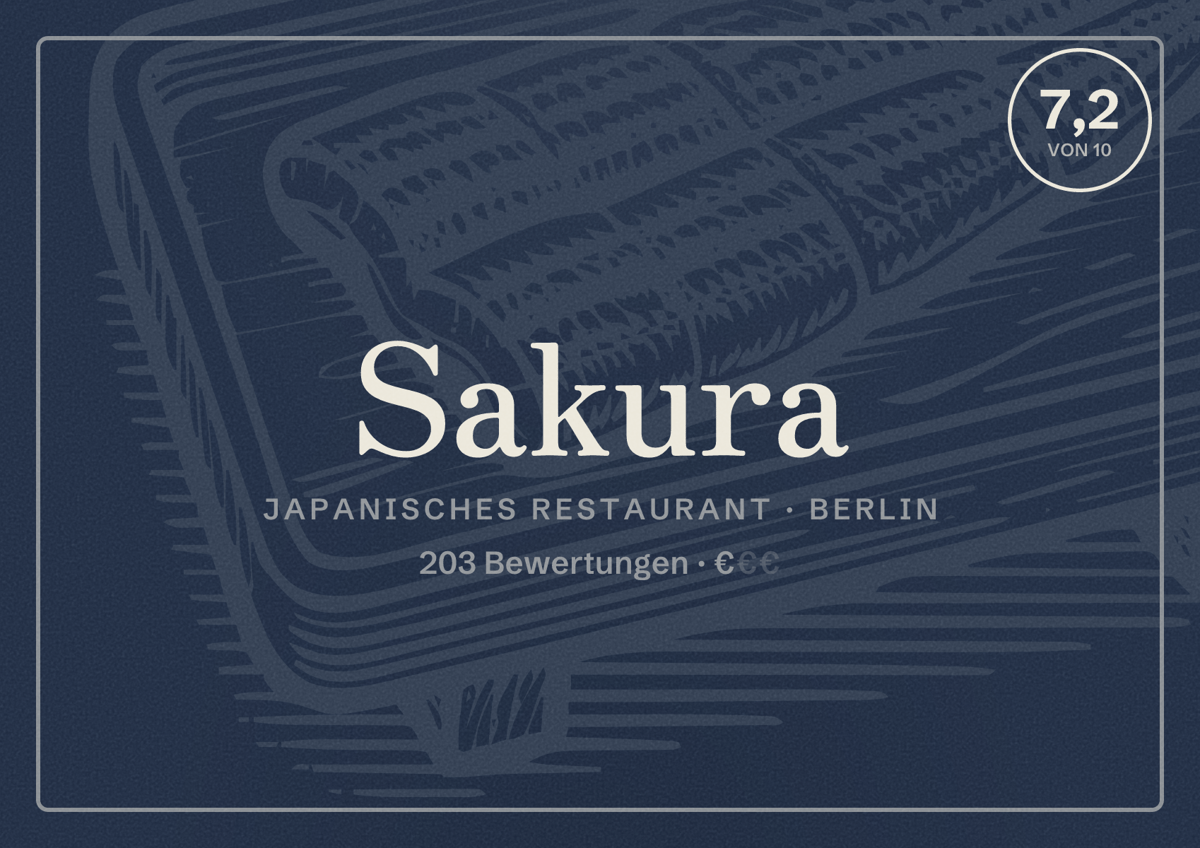 Illustriertes Poster von Sakura, Japanisches Restaurant in Berlin: Bewertung 7,2 von 10 aus 203 Bewertungen, Preisniveau €