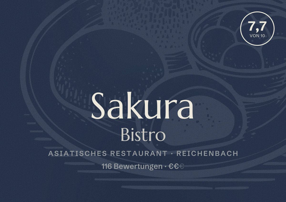 Illustriertes Poster von Sakura Bistro, Asiatisches Restaurant in Reichenbach: Bewertung 7,7 von 10 aus 116 Bewertungen, Preisniveau €€