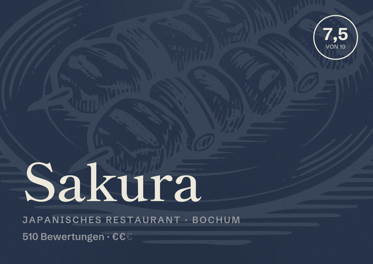 Illustriertes Poster von Sakura, Japanisches Restaurant in Bochum: Bewertung 7,5 von 10 aus 510 Bewertungen, Preisniveau €€