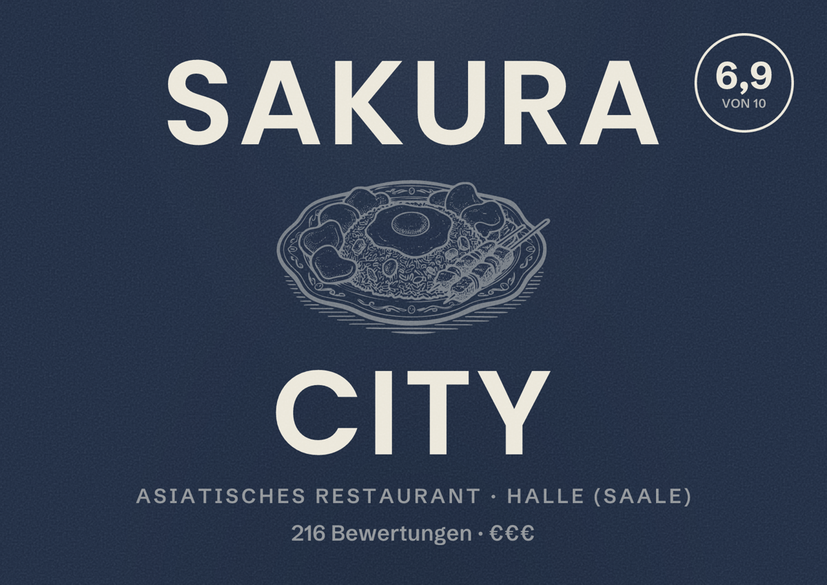 Illustriertes Poster von SAKURA City, Asiatisches Restaurant in Halle (Saale): Bewertung 6,9 von 10 aus 216 Bewertungen, Preisniveau €€€