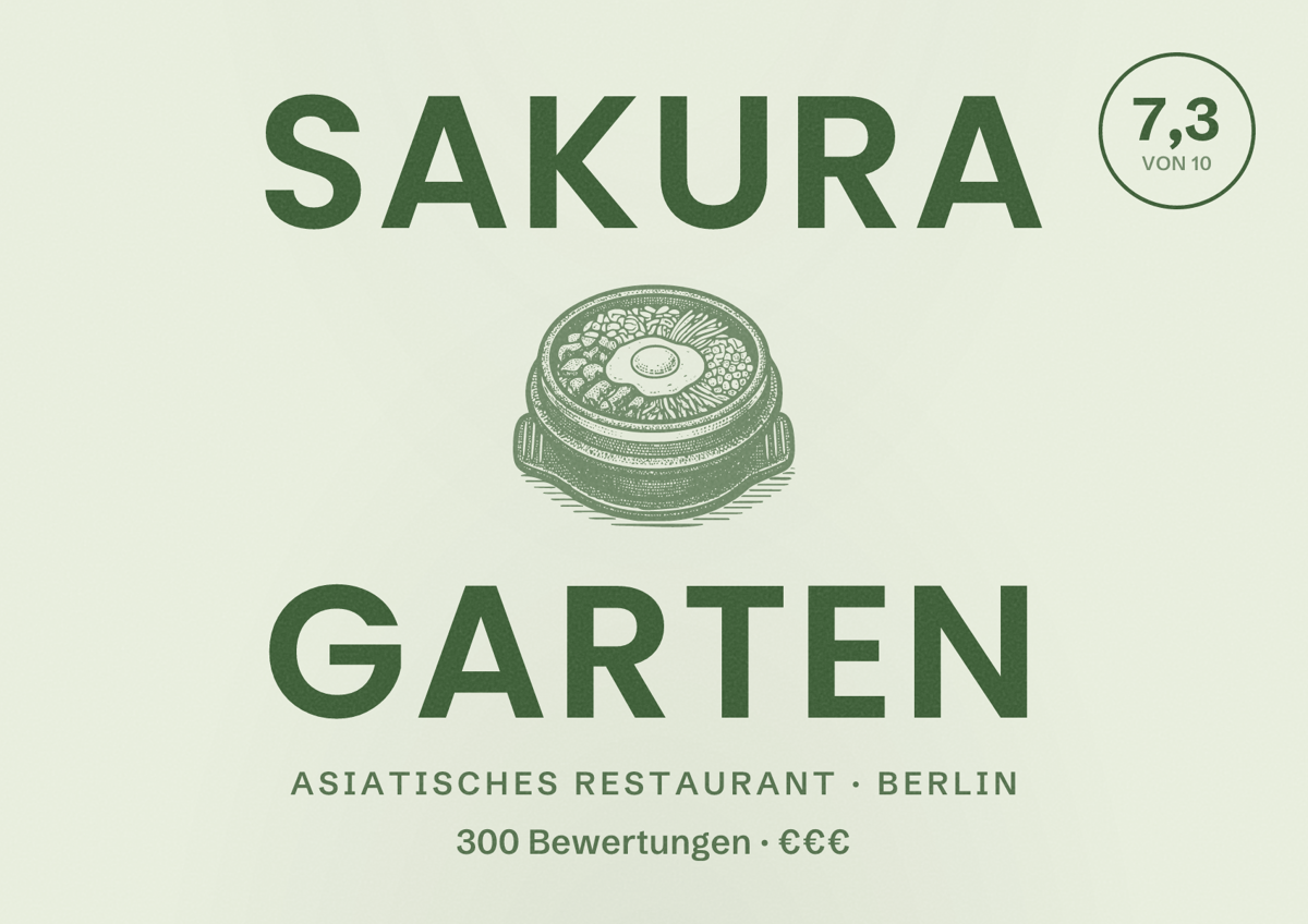Illustriertes Poster von Sakura Garten, Asiatisches Restaurant in Berlin: Bewertung 7,3 von 10 aus 300 Bewertungen, Preisniveau €€€