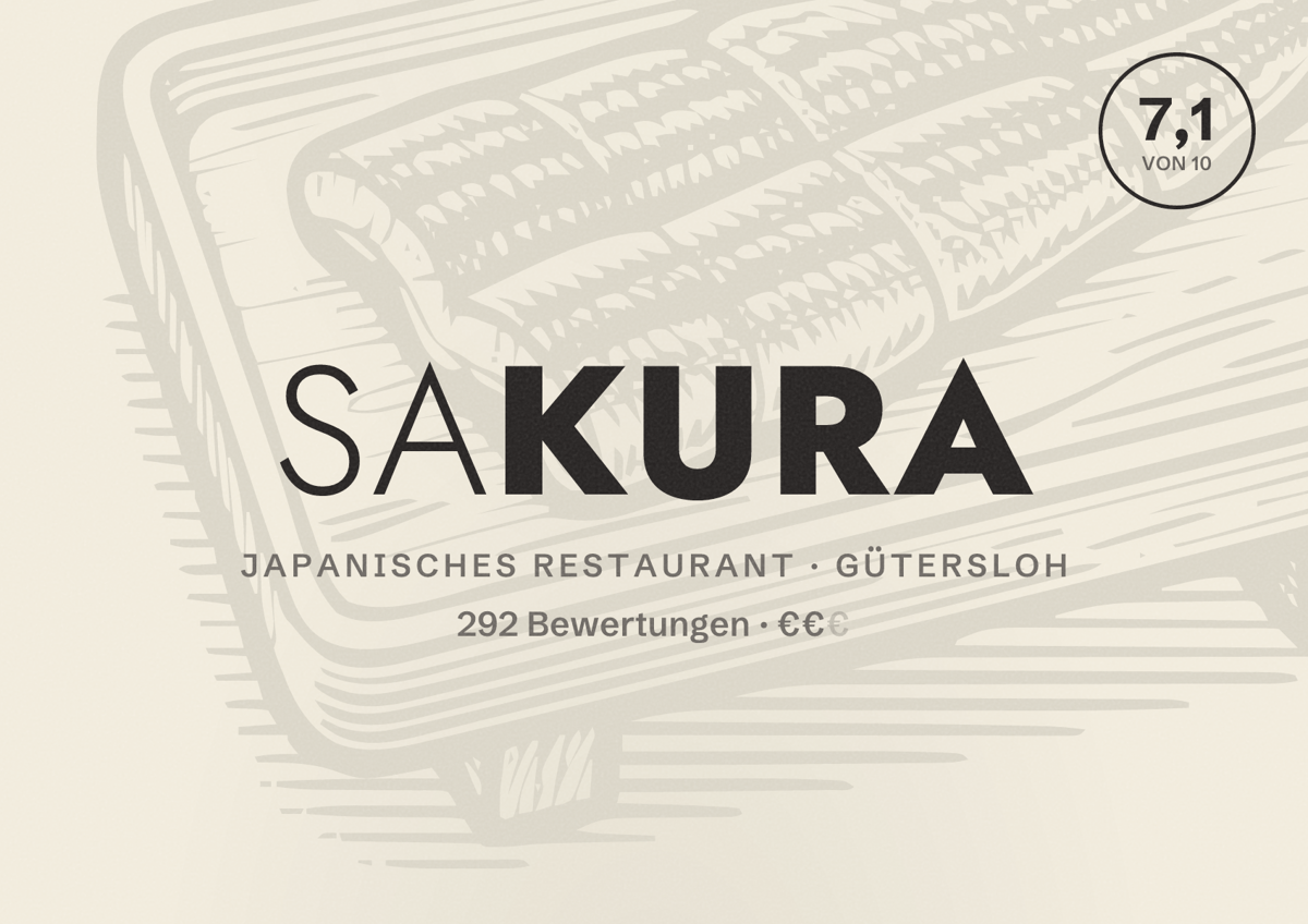 Illustriertes Poster von Sakura, Japanisches Restaurant in Gütersloh: Bewertung 7,1 von 10 aus 292 Bewertungen, Preisniveau €€