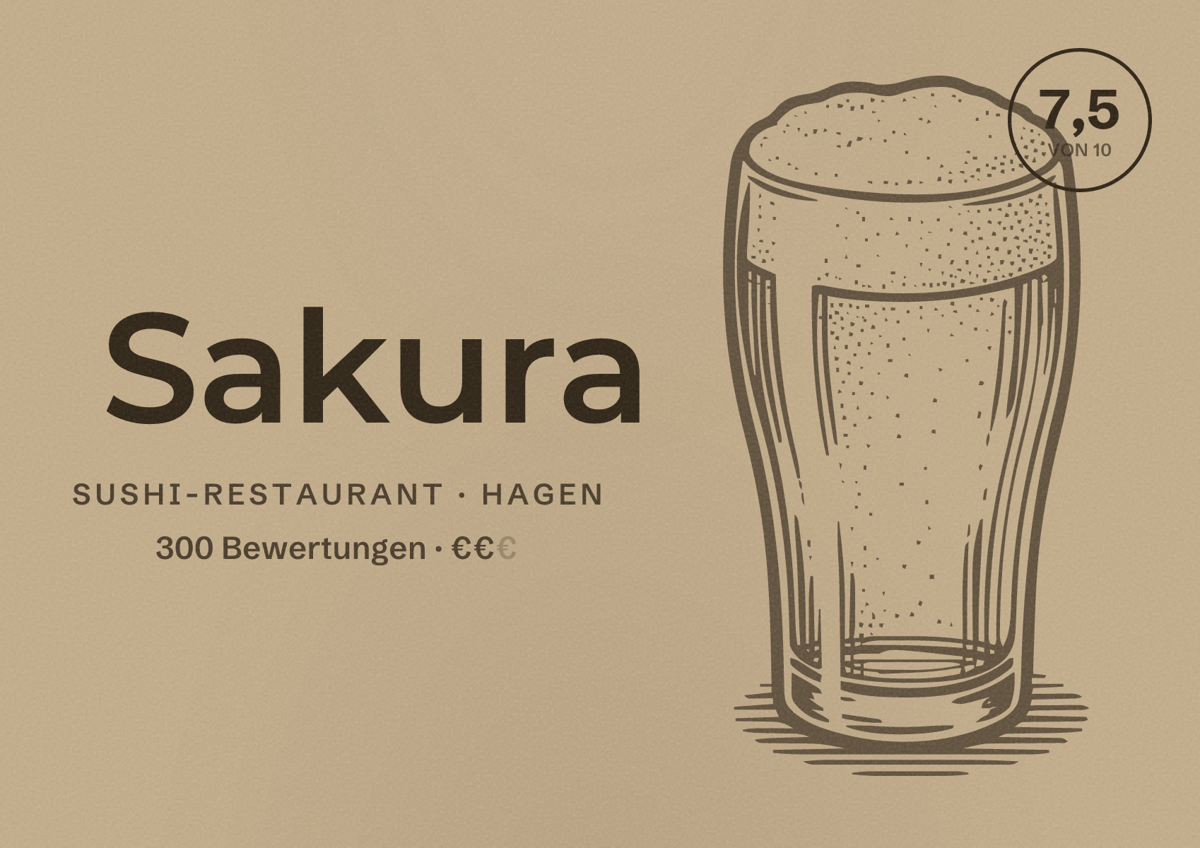 Illustriertes Poster von Sakura, Sushi-Restaurant in Hagen: Bewertung 7,5 von 10 aus 300 Bewertungen, Preisniveau €€