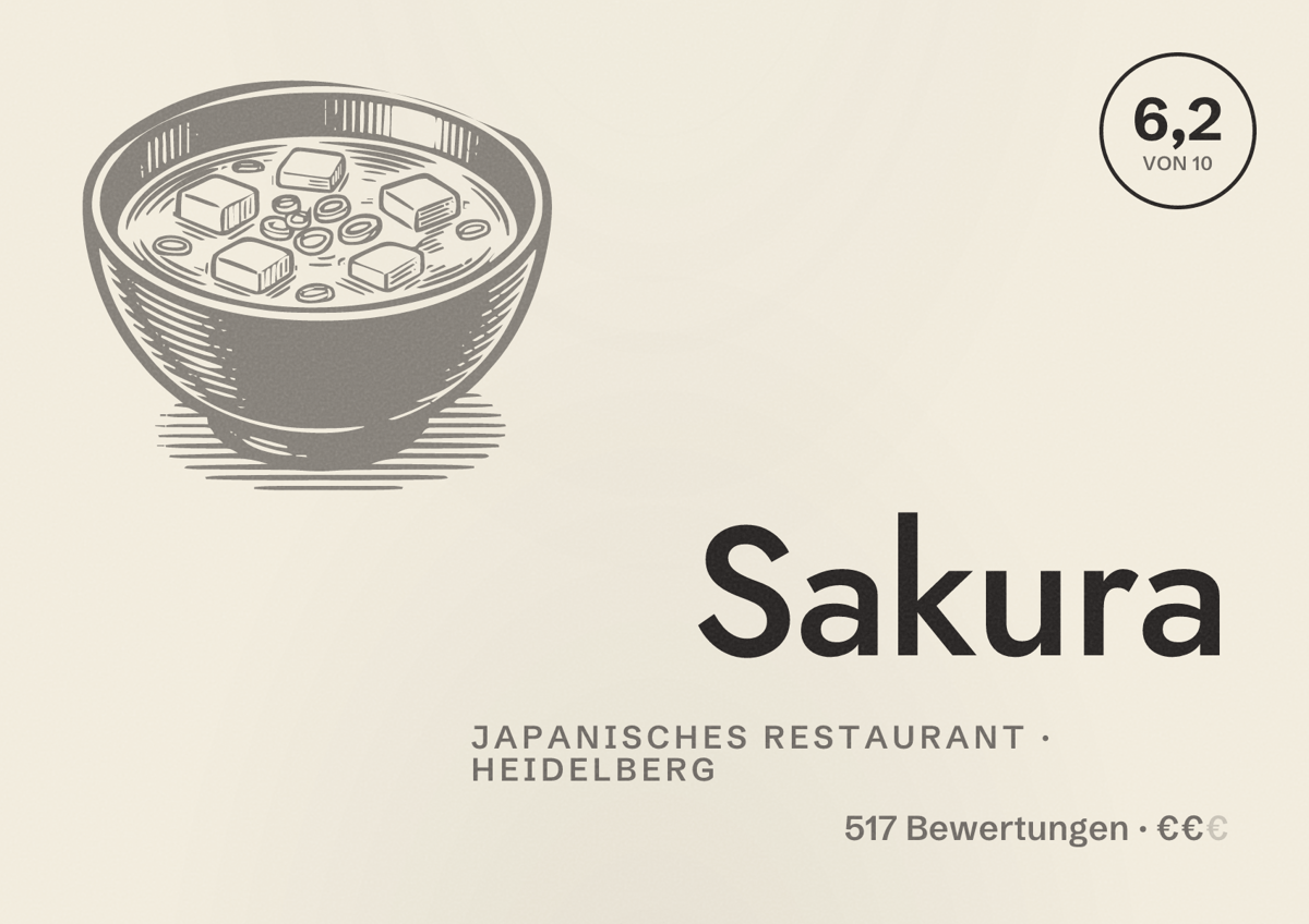 Illustriertes Poster von Sakura, Japanisches Restaurant in Heidelberg: Bewertung 6,2 von 10 aus 517 Bewertungen, Preisniveau €€