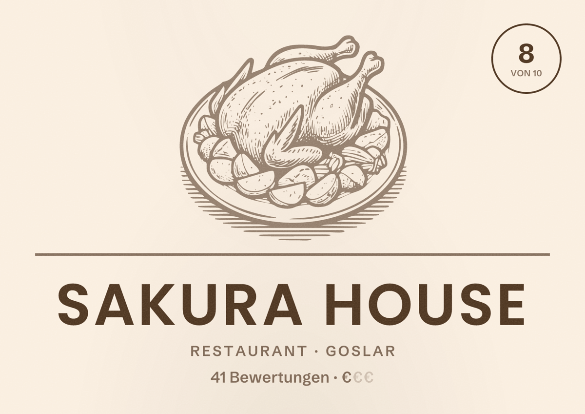 Illustriertes Poster von Sakura House, Restaurant in Goslar: Bewertung 8 von 10 aus 41 Bewertungen, Preisniveau €