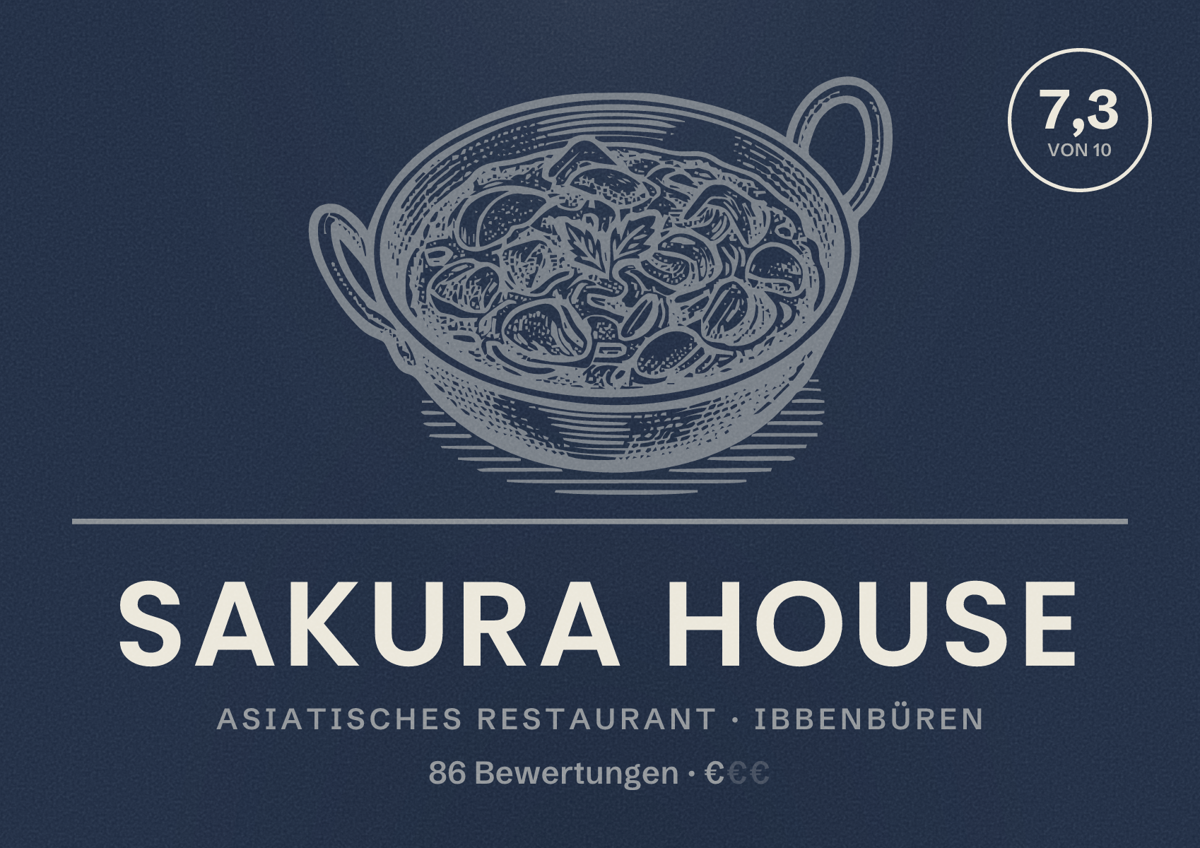 Illustriertes Poster von Sakura House, Asiatisches Restaurant in Ibbenbüren: Bewertung 7,3 von 10 aus 86 Bewertungen, Preisniveau €