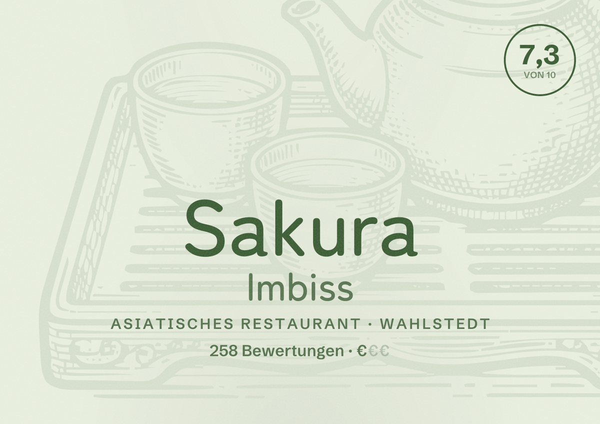 Illustriertes Poster von Sakura Imbiss, Asiatisches Restaurant in Wahlstedt: Bewertung 7,3 von 10 aus 258 Bewertungen, Preisniveau €