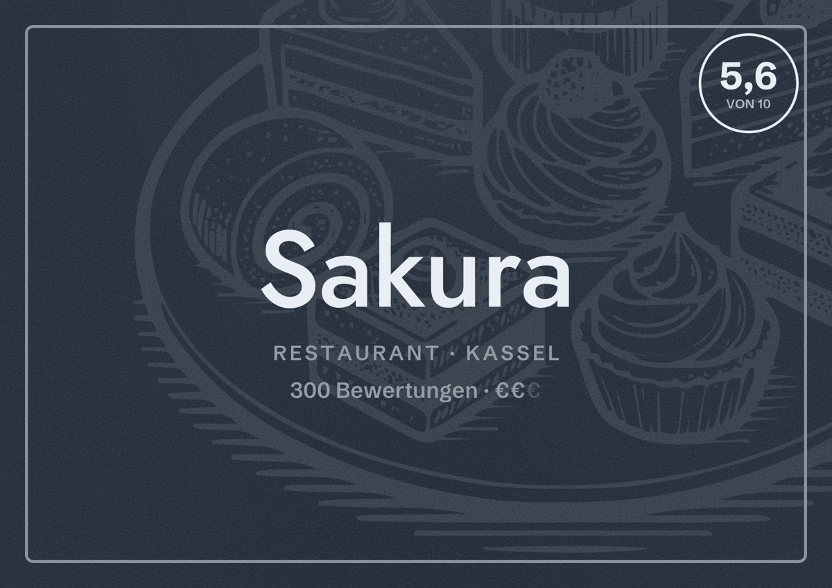 Illustriertes Poster von Sakura, Restaurant in Kassel: Bewertung 5,6 von 10 aus 300 Bewertungen, Preisniveau €€
