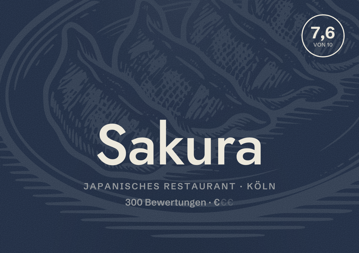 Illustriertes Poster von Sakura, Japanisches Restaurant in Köln: Bewertung 7,6 von 10 aus 300 Bewertungen, Preisniveau €