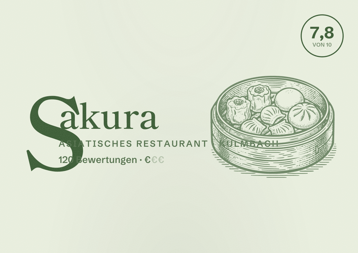 Illustriertes Poster von Sakura, Asiatisches Restaurant in Kulmbach: Bewertung 7,8 von 10 aus 120 Bewertungen, Preisniveau €